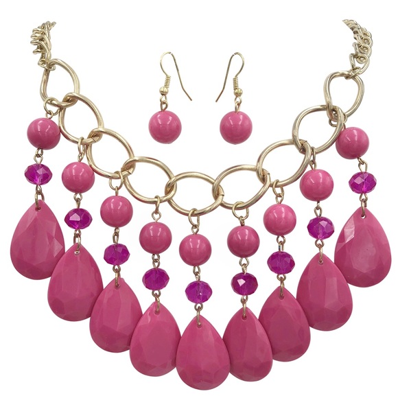 Pink Dramatic Bead Drop Necklace Earrings Set - Picture 1 of 3